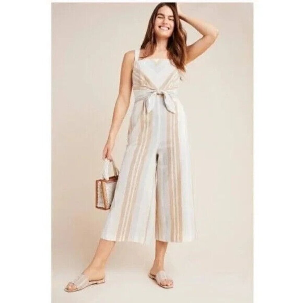 Anthropologie Savannah Striped Cropped Wide Leg Jumpsuit‎ Linen Blend Size 4